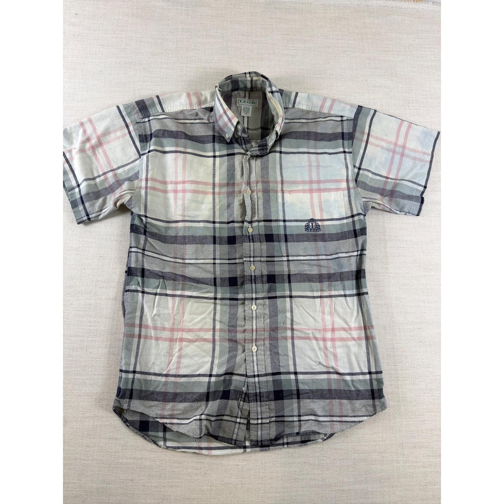 IZOD Mens Plaid Short Sleeve Button Down Shirt Grey Pink Blue Cotton Size M